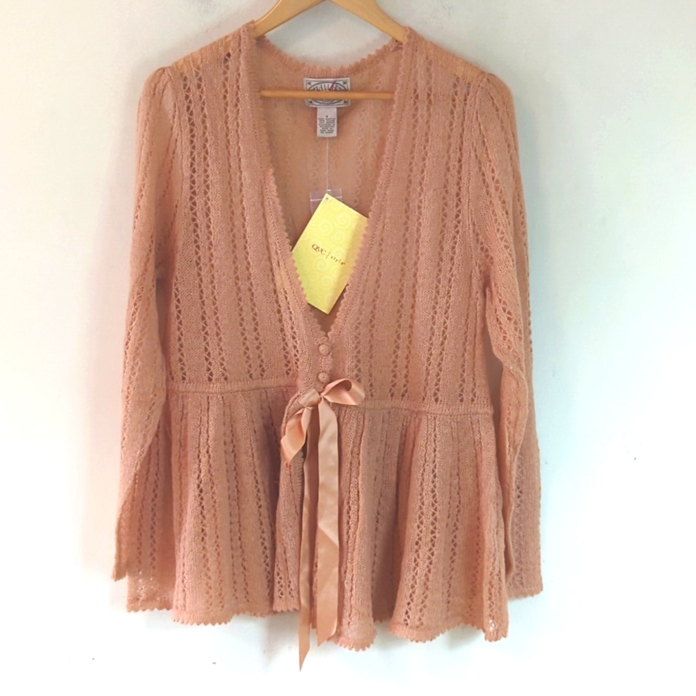 Lillie by James Coviello Blush Satin Tie Pointelle Cardigan Sweater M